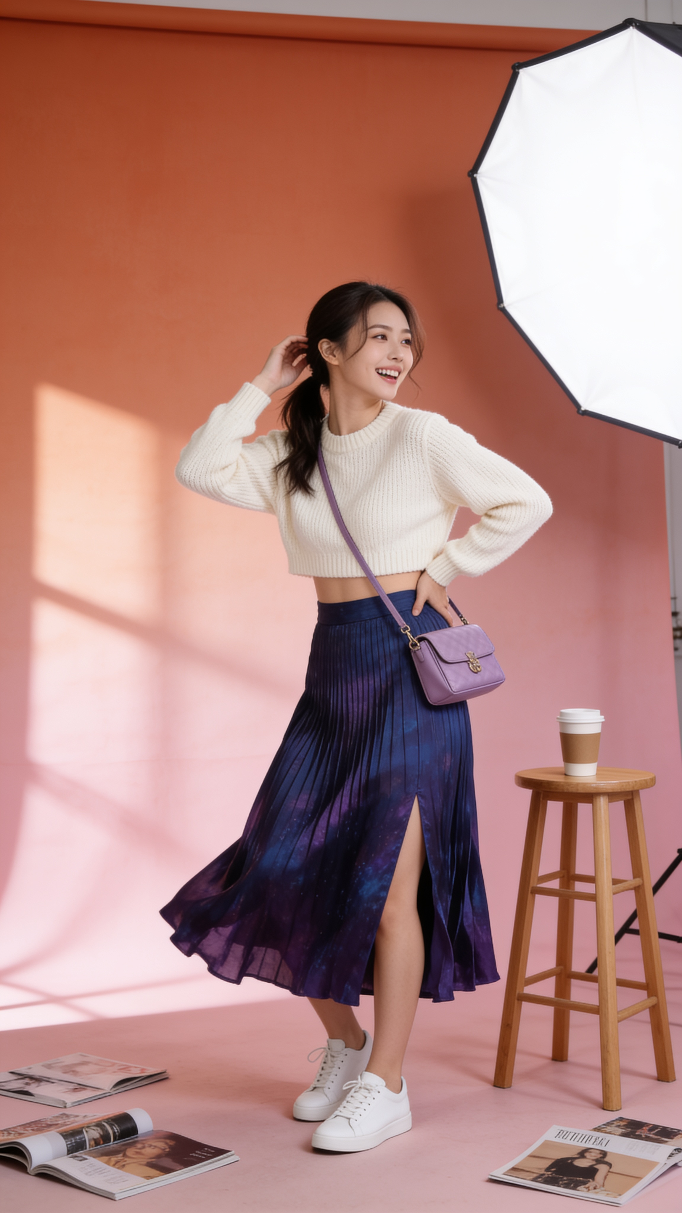 Casual daywear in Future Dusk pleated midi skirt and cropped sweater