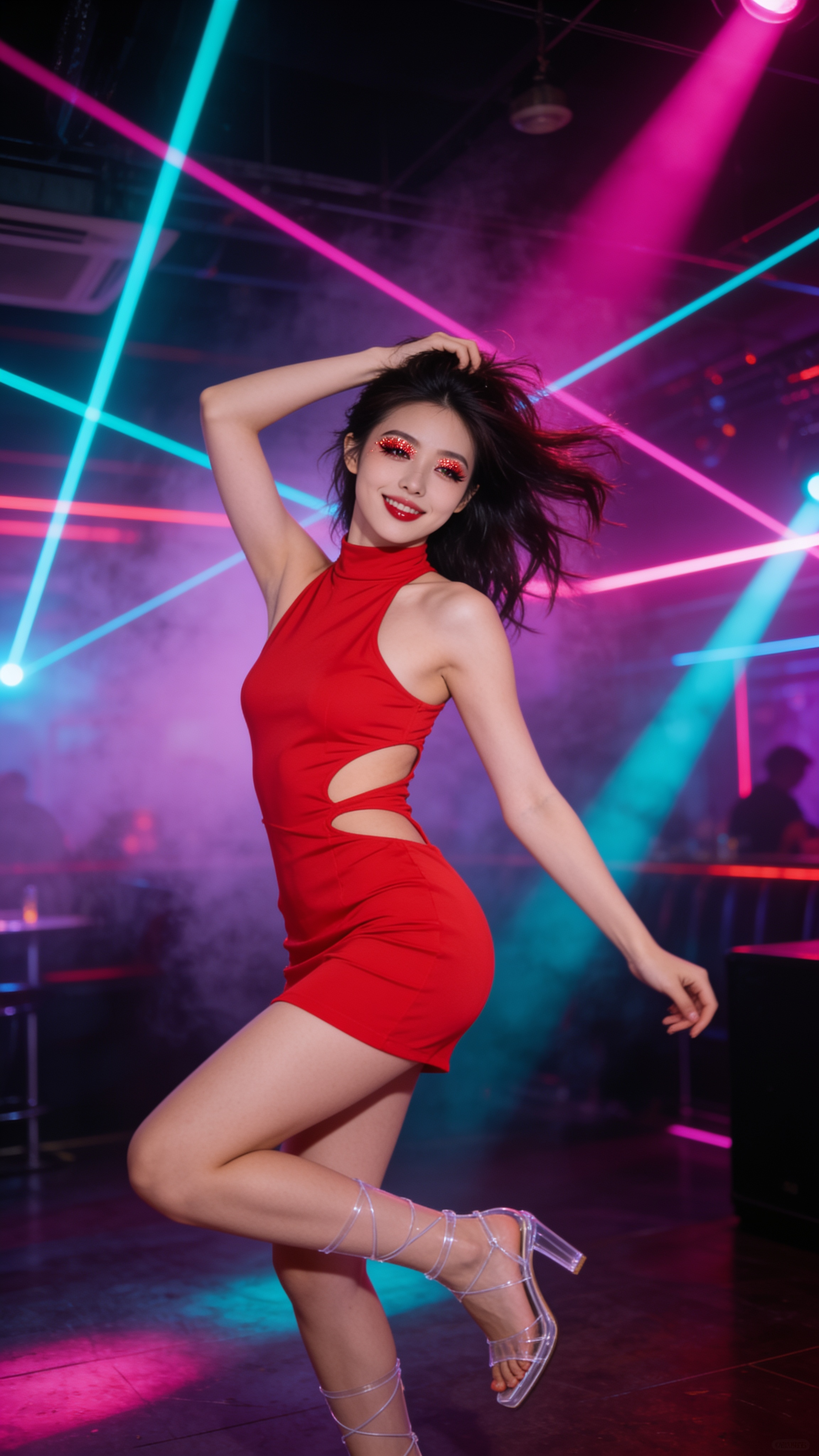 Monica dancing in red cut-out bodycon dress on the dance floor