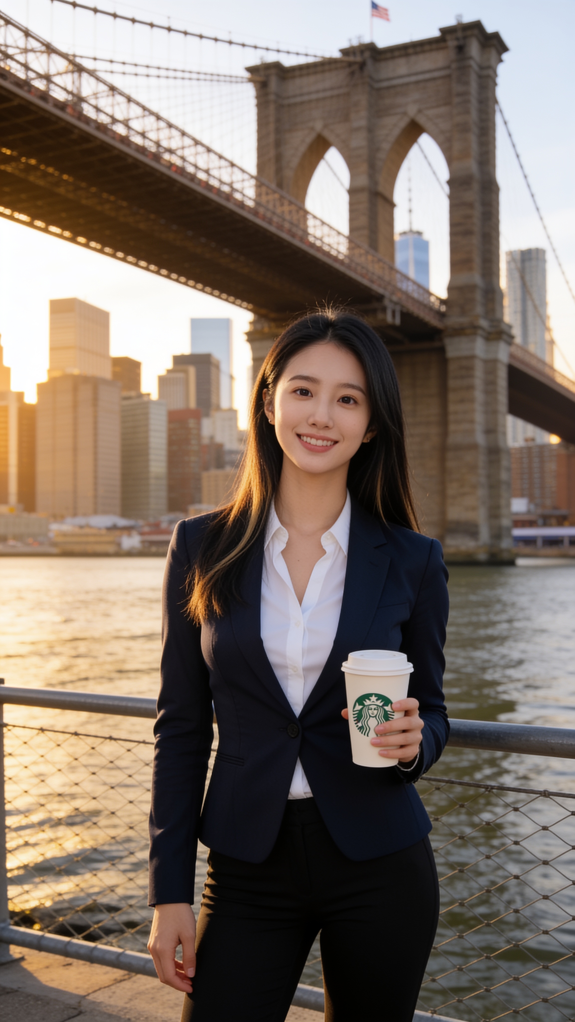 Ivana in New York City with Brooklyn Bridge — Monday morning business energy