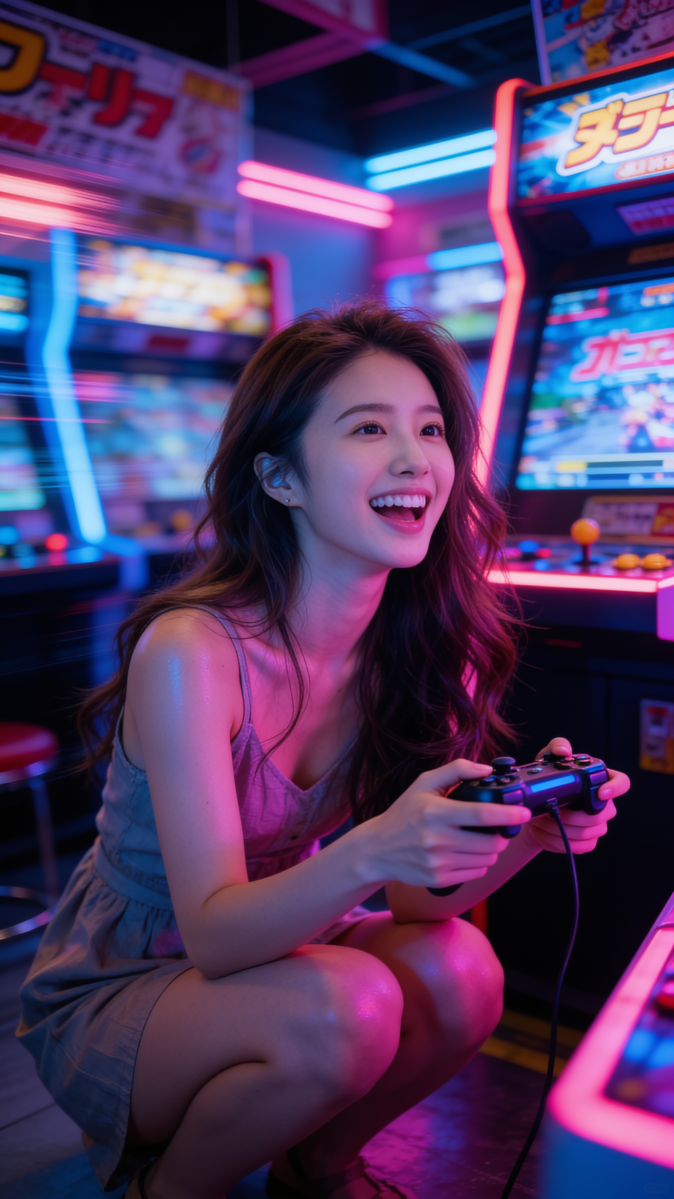 Ivana in a neon-lit Tokyo gaming arcade — playful energy, summer sundress, laughing mid-action with a controller