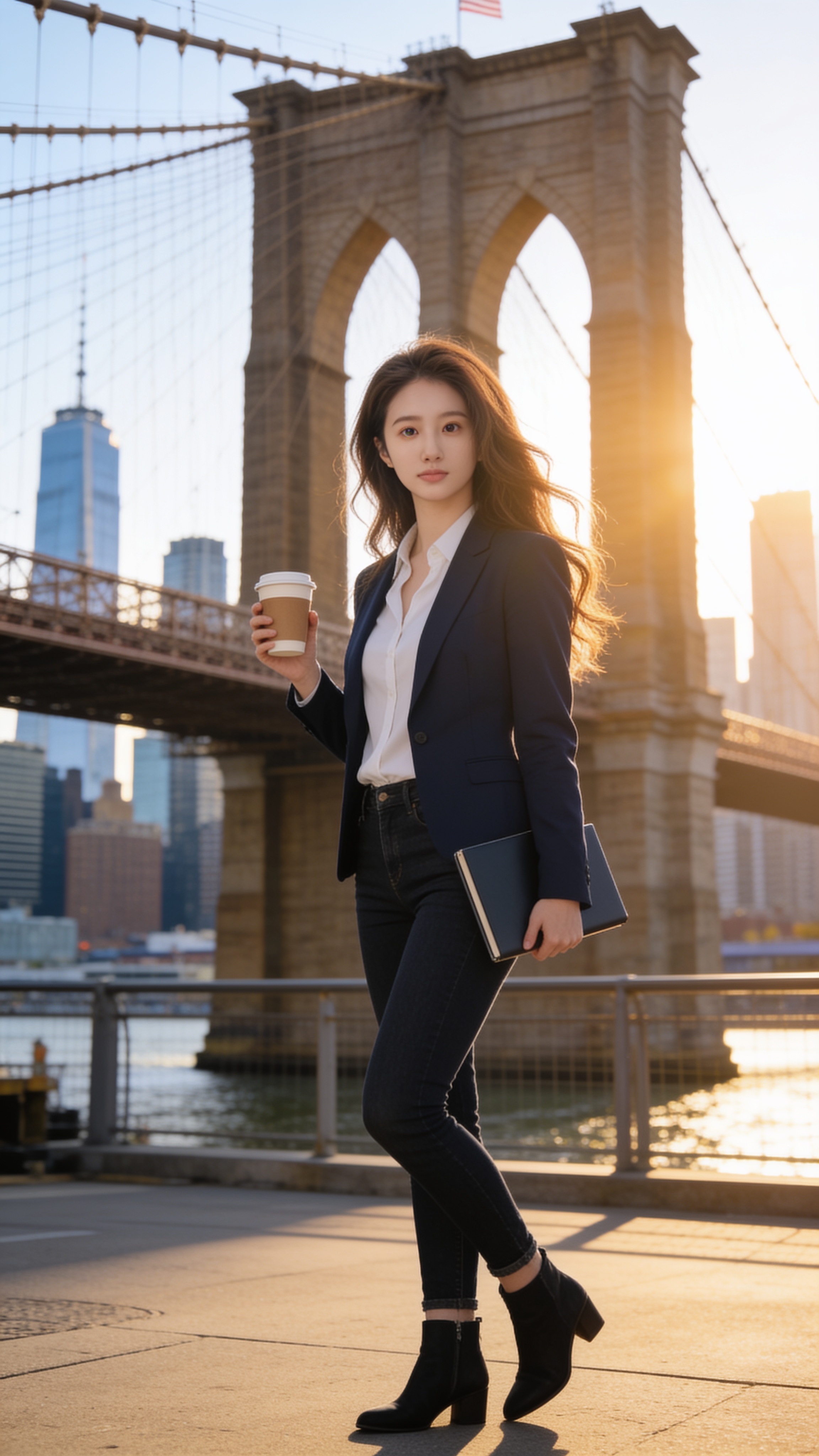 Ivana in New York City with Brooklyn Bridge — Monday morning business energy