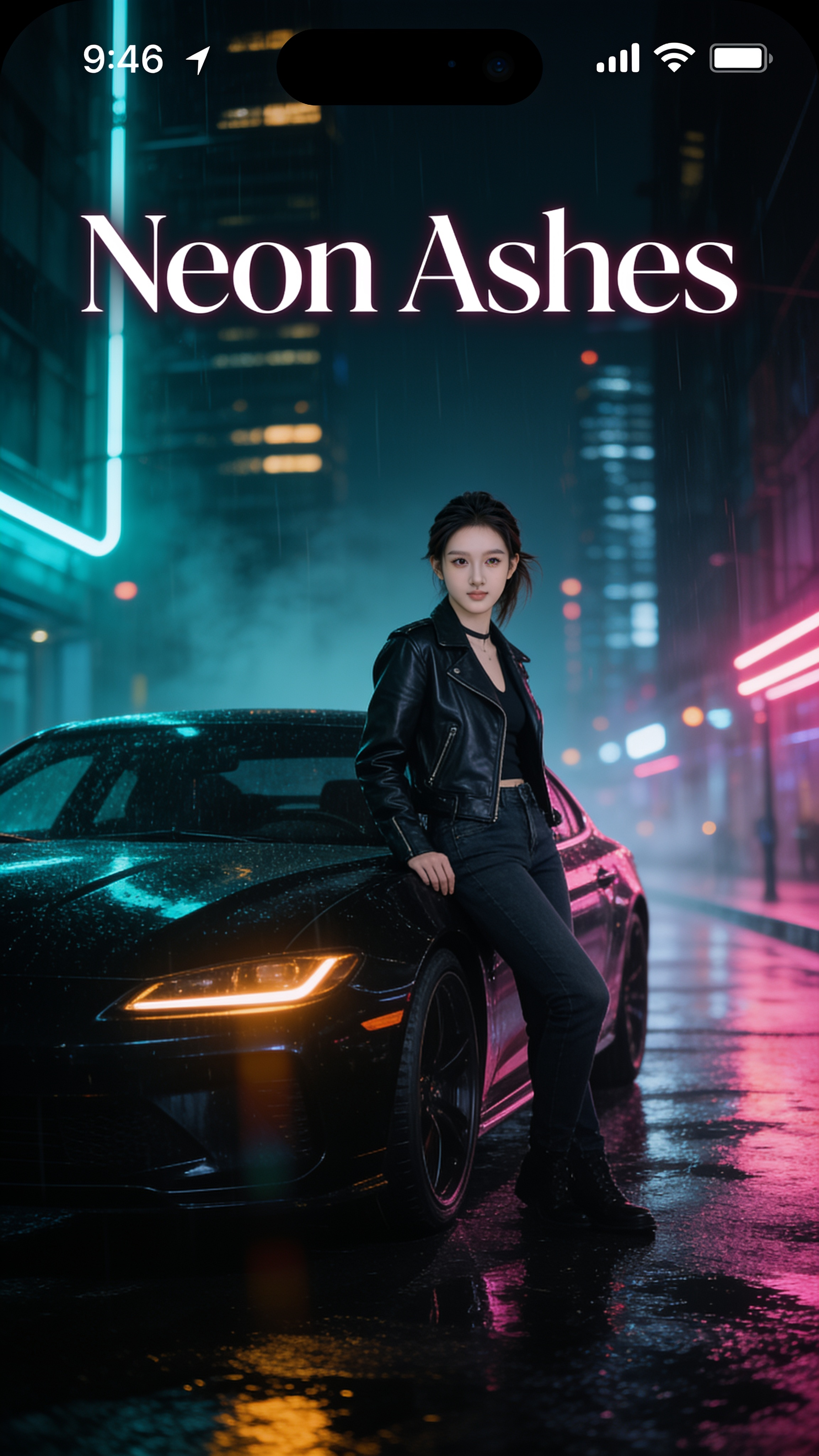 Neon Ashes cover art — Lucy leaning on a black car, neon-lit rainy street, cyberpunk noir