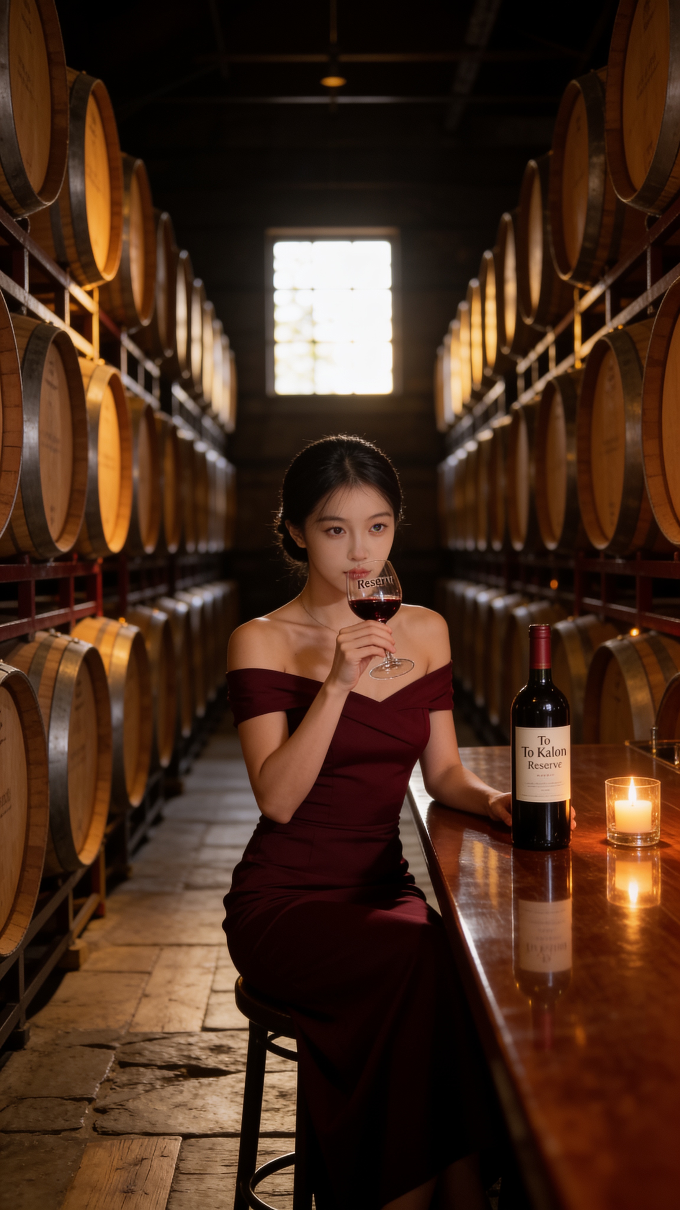 Sofie in an off-shoulder burgundy dress tasting The Reserve Cabernet Sauvignon in the barrel cellar at Robert Mondavi Winery
