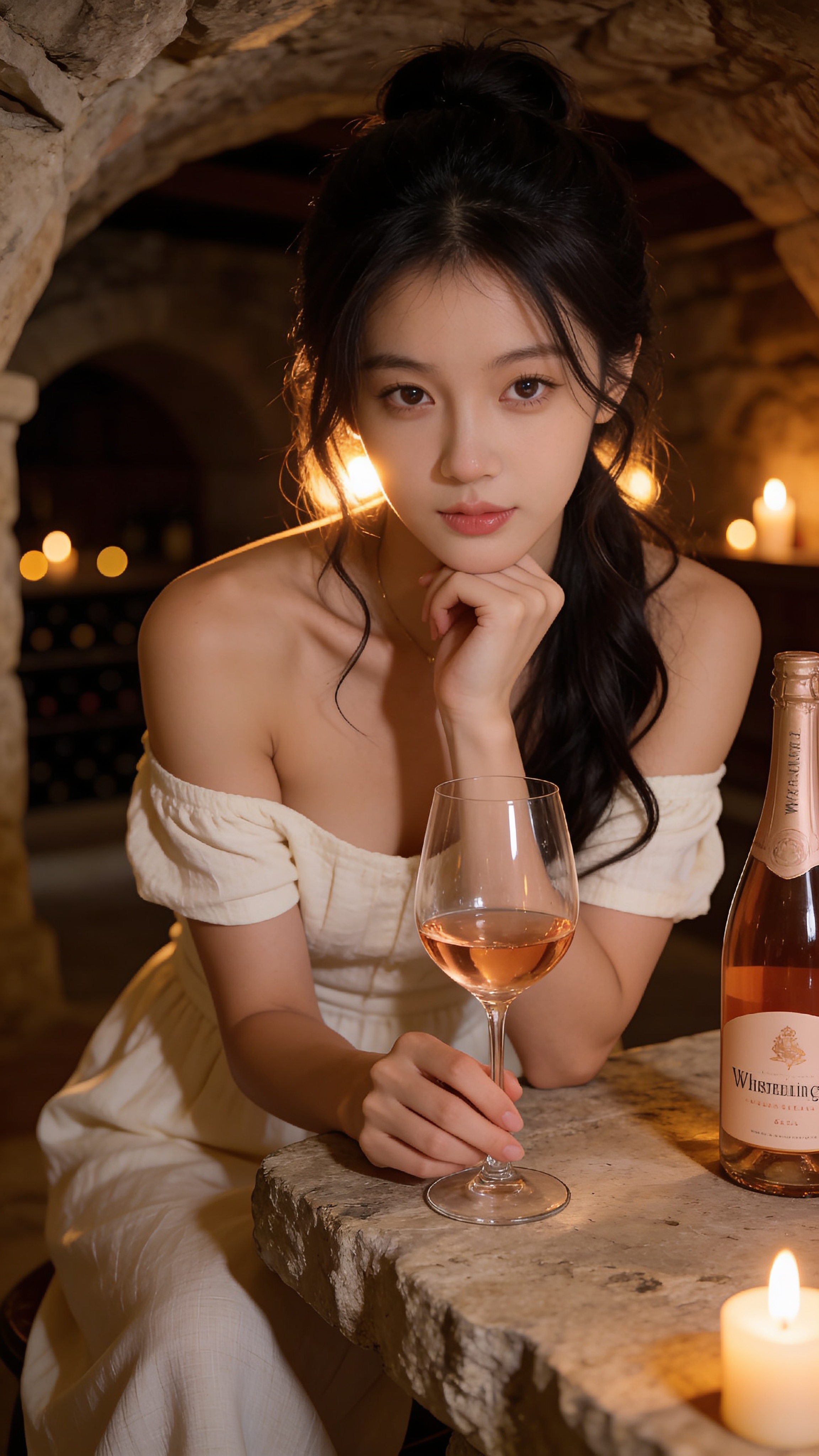 Sofie in an off-shoulder cream dress at a candlelit tasting in the ancient cellar of Château d'Esclans