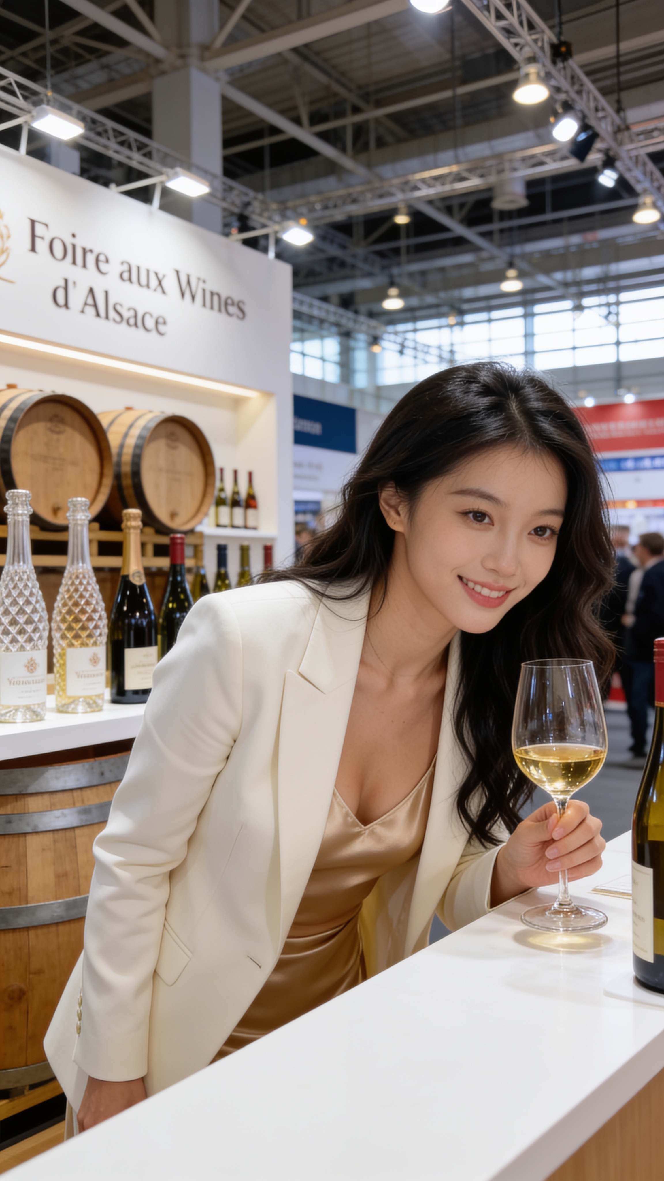 Sofie at the Maison Trimbach booth, Foire aux Vins d'Alsace exhibition floor, Colmar