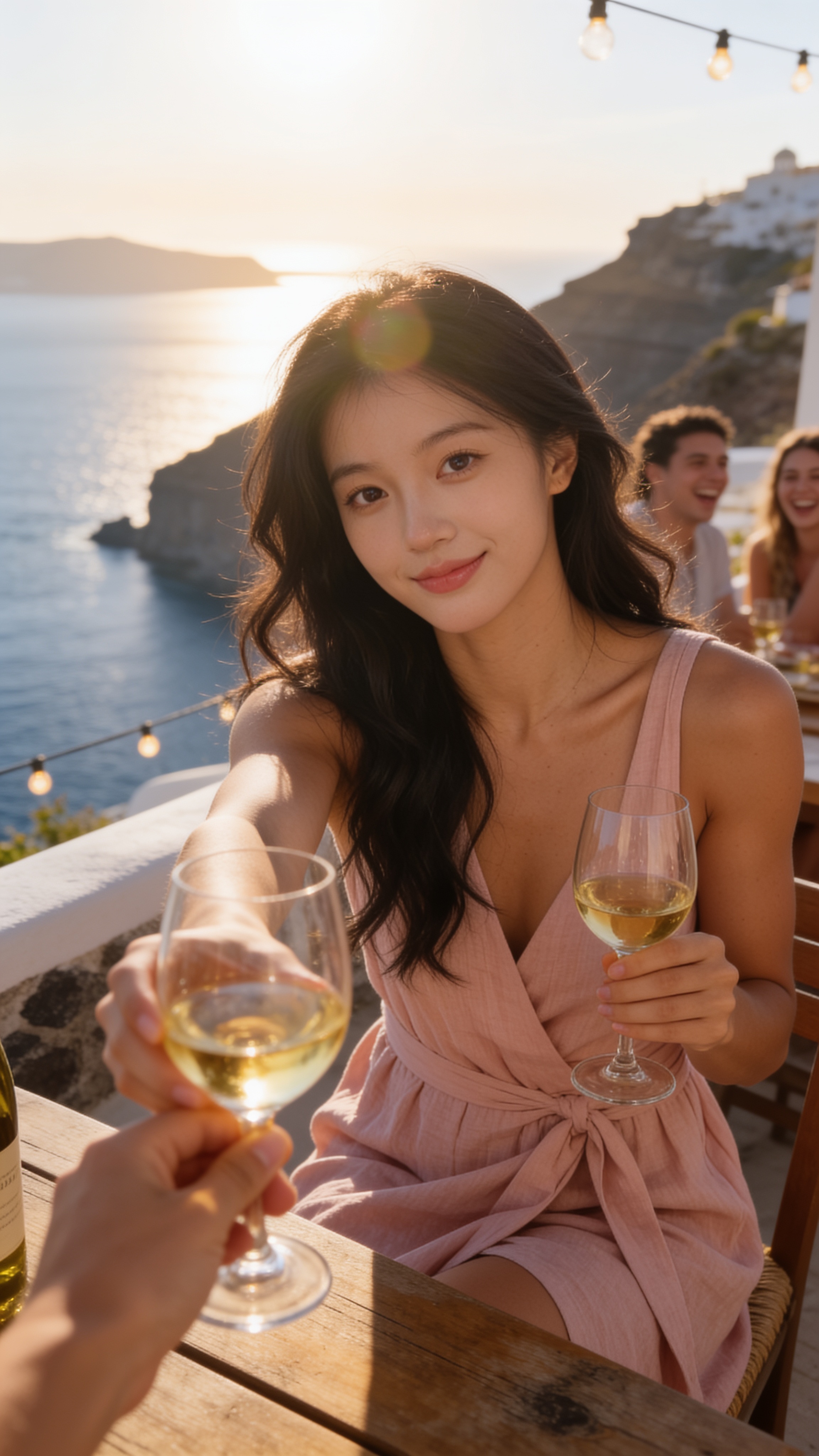 Sofie clinking glasses intimately at Venetsanos Winery terrace, blush dress, warm afternoon light