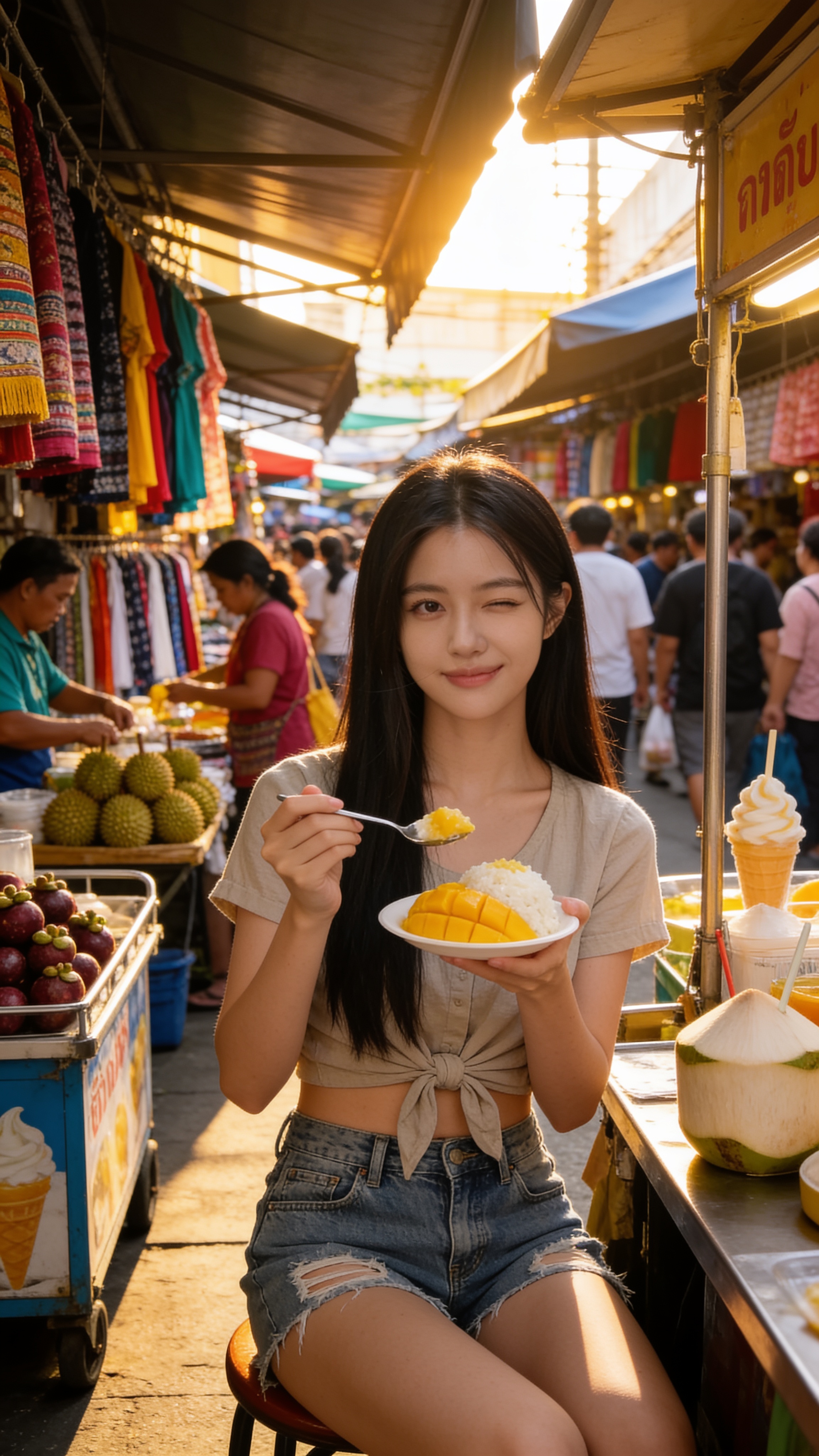 Cindy in crop top and ripped shorts eating mango sticky rice at Chatuchak Weekend Market