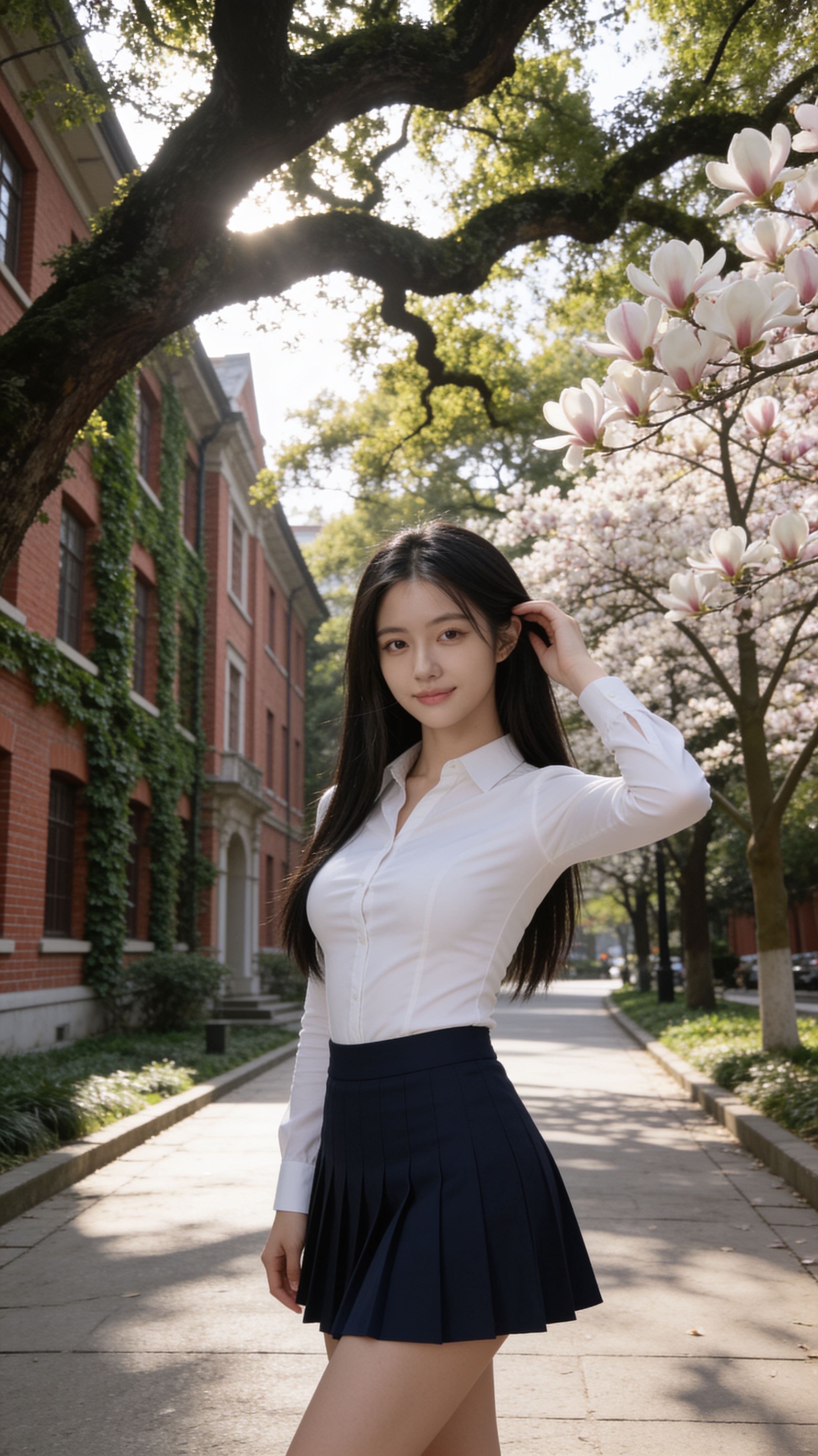 Cindy in white blouse and navy pleated mini skirt at Fudan University Shanghai with ivy-covered buildings and camphor trees in golden morning light