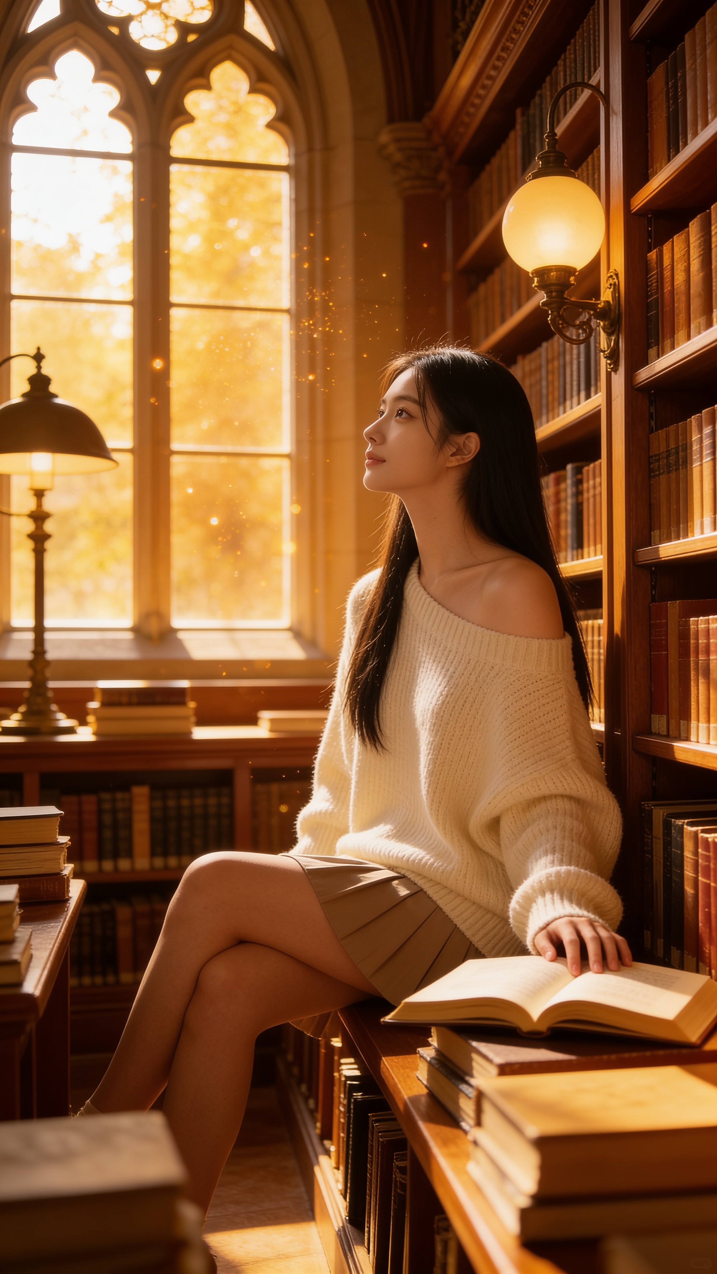 Cindy in oversized cream sweater at Shanghai Jiao Tong University library window seat with warm amber lighting