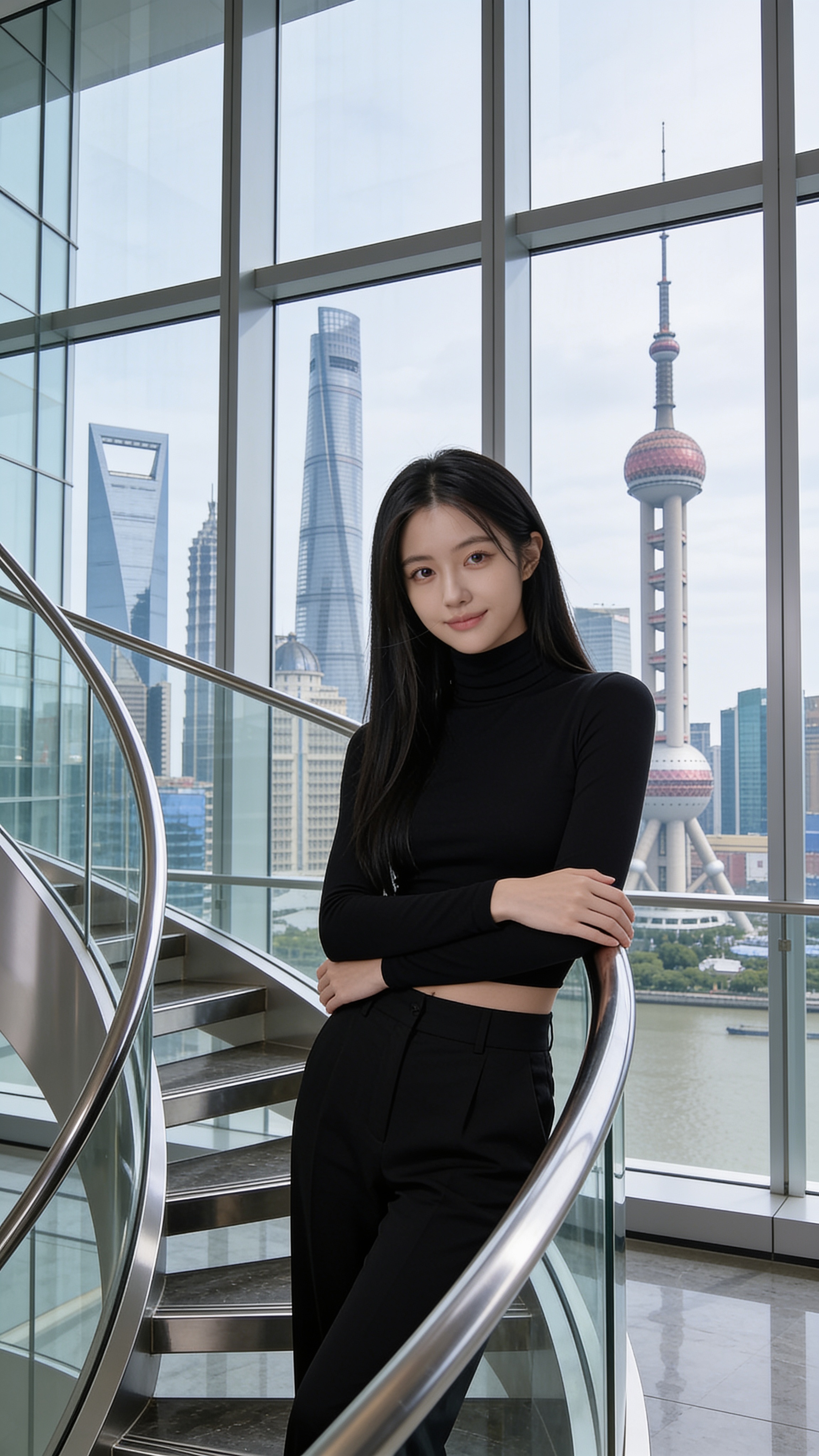 Cindy in black turtleneck at NYU Shanghai spiral staircase with Lujiazui skyline through glass windows