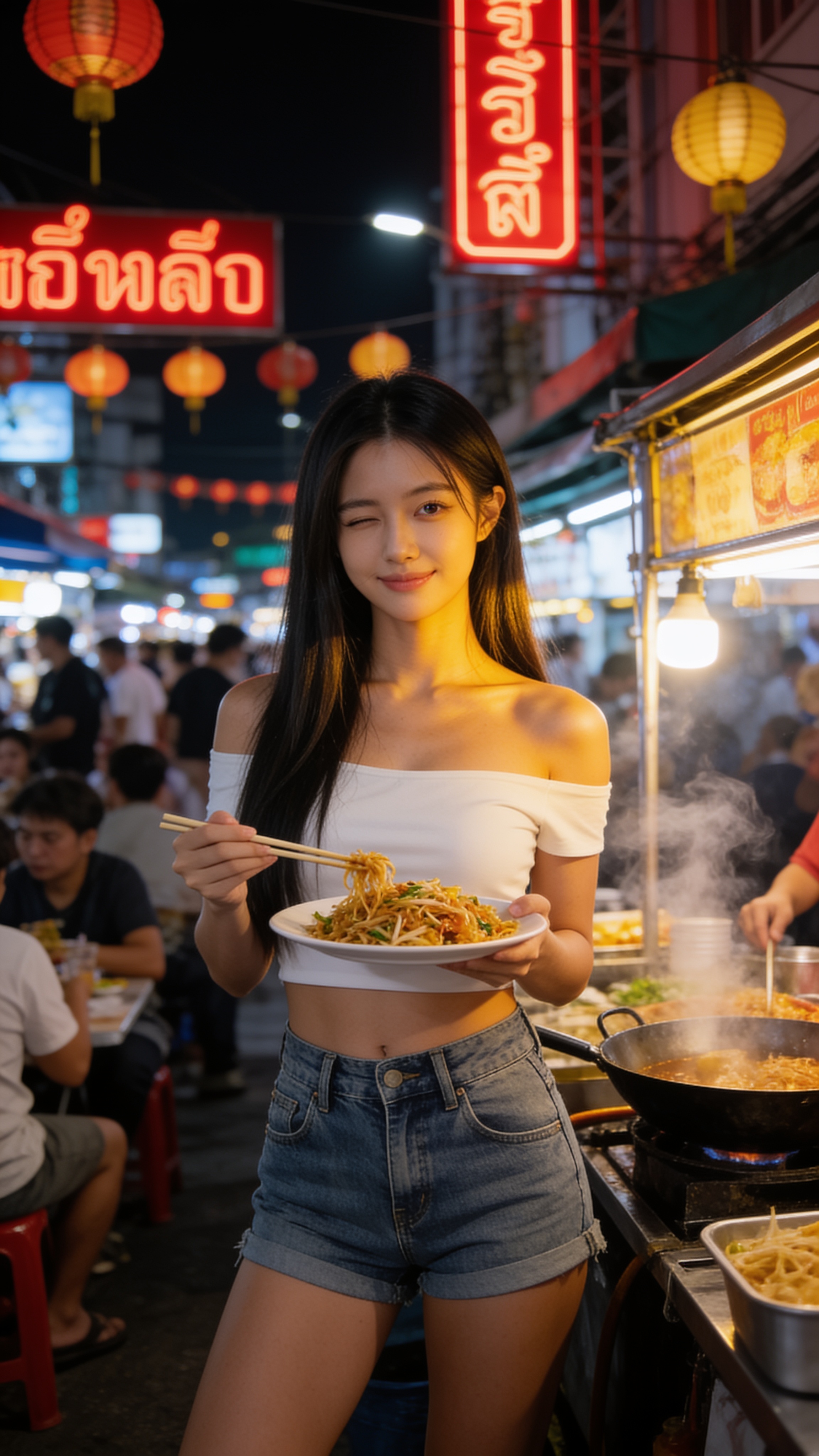 Cindy in white off-shoulder crop top eating pad thai on Yaowarat Road at night with neon signs and street food stalls
